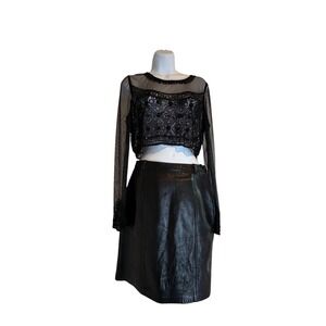 Ann Taylor Black Leather Skirt SZ 4 Sheer Beaded Crop Top